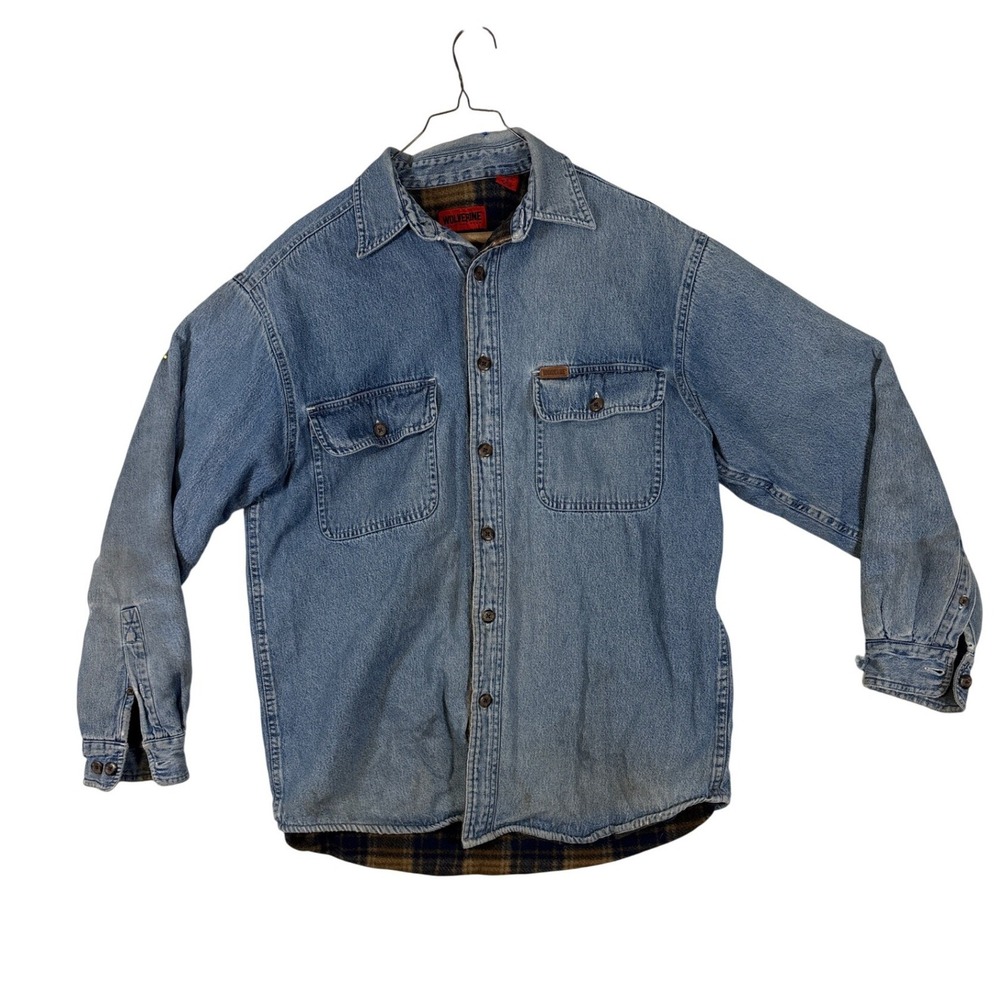 Wolverine Mens Denim Work Shirt Jacket Plaid Fleece Lined Blue Distressed Medium